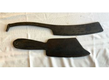 2 ANTIQUE PRIMITIVE HAND FORGED IRON CLEAVERS- DUCK HANDLE