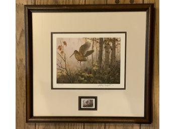 1985 KEN CARLSON RUFFED GROUSE $5 STAMP & LITHO  SIGNED 140/1380 AMERICAN WOODCOCK