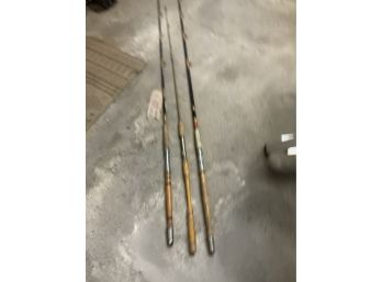 3 SALT WATER FISHING RODS WITH WOOD HANDLES 69”  82”  84”