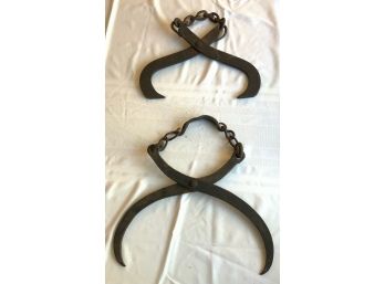 2 ANTIQUE IRON BARN MEAT HOOKS TONGS W/ CHAIN