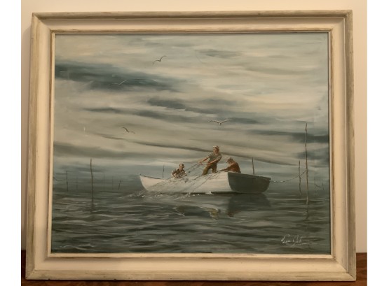 TOM JOHNSON (1926-2009) LARGE O/C PAINTING FISHING BOATS 28 X 34 FRAMED