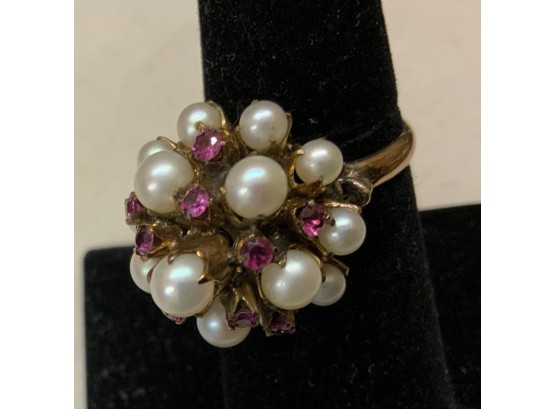 14k VINTAGE RUBY & PEARL CUSTOM MADE LARGE CLUSTER  RING 4 DWTS TW- WE CAN SHIP!!