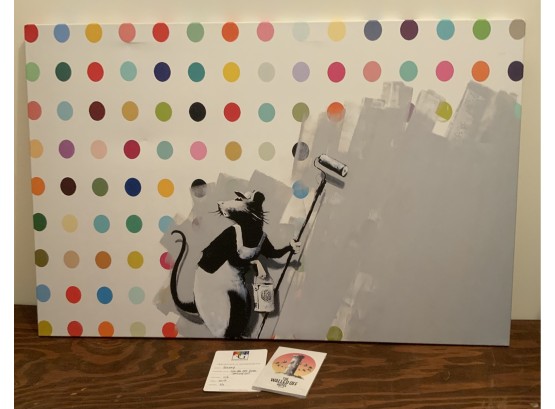 BANKSY DAMIEN HIRST RAT PAINTER 26 X 40 PRINT ON CANVAS & 12 WALLED OFF HOTEL POSTCARDS   UNOPENED