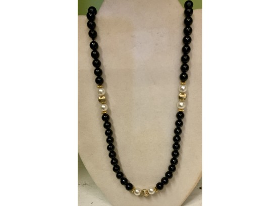 14K ONYX  & PEARL 31 INCH VINTAGE NECKLACE- WE CAN SHIP!!