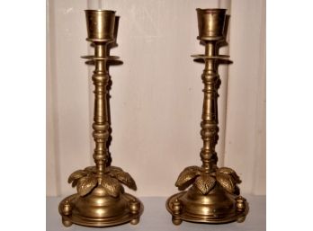 GILDED BRONZE ANTIQUE CANDLE STICKS W/ LEAF BASES 7.5 H - WE CAN SHIP!
