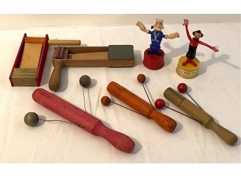 OLIVE OIL & POPEYE PUSH UPS W/5 WOODEN CLACKER INSTRUMENTS TOYS - WE CAN SHIP!!