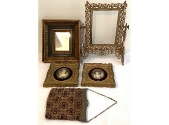 BRASS EASEL FRAME, ANTIQUE BAG, MIRROR, 2 PICTURES- WE CAN SHIP!