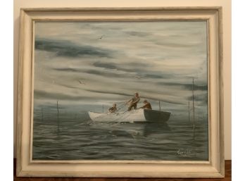 TOM JOHNSON (1926-2009) LARGE O/C PAINTING FISHING BOATS 28 X 34 FRAMED