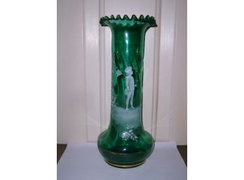 MARY GREGORY BOY W/FLAG IN GARDEN HAND BLOWN GLASS 12 VASE- WE CAN SHIP!