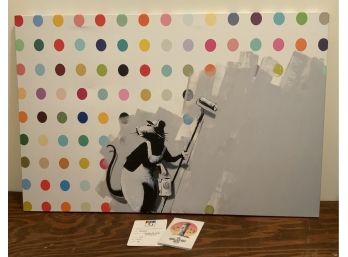 BANKSY DAMIEN HIRST RAT PAINTER 26 X 40 PRINT ON CANVAS & 12 WALLED OFF HOTEL POSTCARDS   UNOPENED
