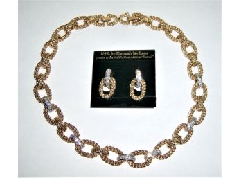 KJL GOLD COSTUME LINK NECKLACE & EARRINGS W/CRYSTALS NEVER WORN!- WE CAN SHIP
