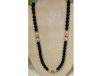14K ONYX  & PEARL 31 INCH VINTAGE NECKLACE- WE CAN SHIP!!