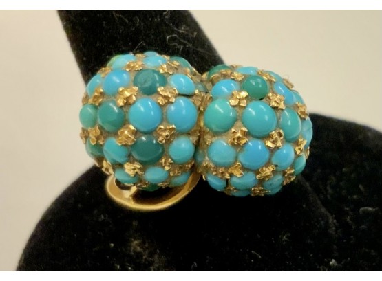 18K 750 GOLD DOUBLE TURQUOISE BALL RING SIZE 6 JEWELRY -5.2 DWTS TL WGT- WE CAN SHIP!