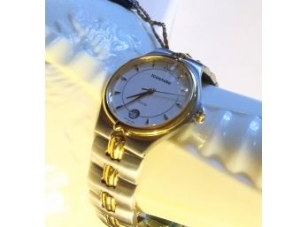 TOURNEAU MENS WRIST WATCH WHITE FACE STEEL W/GOLD ACCENT CASE WORKING- WE CAN SHIP!