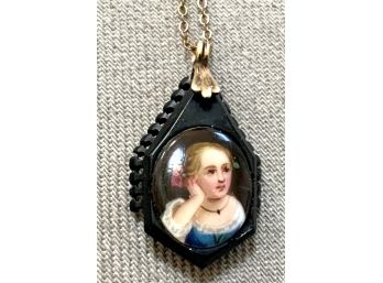 GUTTA PERCHA HAND PAINTED LADY PENDANT GOLD FILLED CHAIN JEWELRY  (as Found)- WE CAN SHIP!