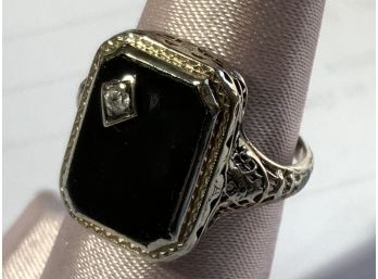 VINTAGE ONYX FILIGREE 10K WHITE  GOLD RING JEWELRY SIZE 7- WE CAN SHIP!