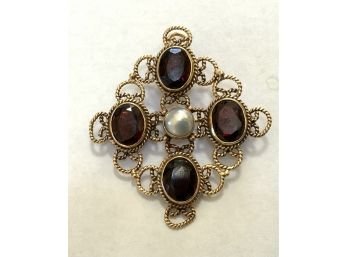 14K GARNET & GREY PEARL OPENWORK PINKY GOLD 1 1/2 IN PENDANT PIN BROOCH JEWELRY 5.2 DWTS TL WGT -WE CAN SHIP!