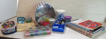 Box Of Glass Beads, Jewlery Making Books, And Findings