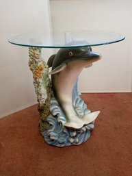19' Glass-top, Dolphin End Table.  Wonderful Alabaster Art Sculpture  About 18.5' Round Glass Top.