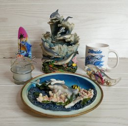 6 Dolphin Related Decorations, Florida Mug, Bahamas Snow-globe, Candle, Plate