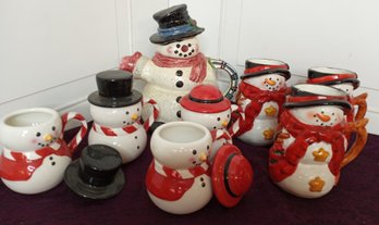 Hot Coco Set With Snowman Teapot  And 7 Snowmen Mugs