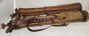 2 Leather And Canvas Bags Of Antique Golf Clubs