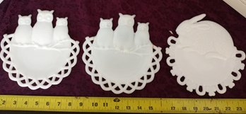 3 Decorative Milk Glass Plates: 2 Matching Owl Plates, 1 Rabbit Plate