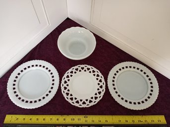 3 Decorative  Lace Milk Glass Plates, 1 Decorative Bowl