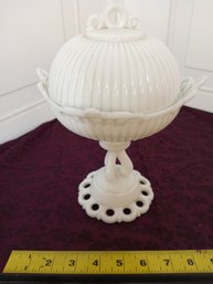 Tall, Decorative,  Milk Glass Serving Bowl  With Lid