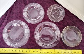 5 Ornate Glass Plates, 3 With Matching Flower Patterns