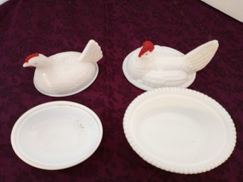 2 Chicken Themed  Painted Milk Glass Containers
