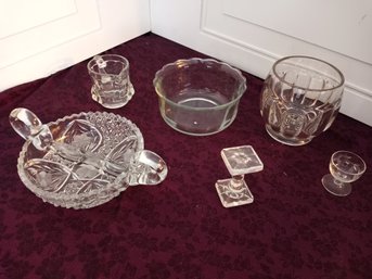 6 Decorated Glass Items: Split Appetizer Tray, Tiny Goblet, A Glass Stand, Two Bowls, Post Cereal Cream Pot