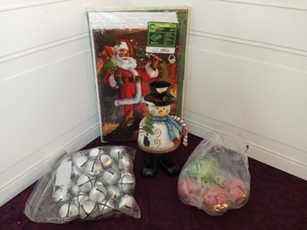 Snowman, 2 Bags Of Jingle Bells, Unopened Package Of Christmas Gift Boxes