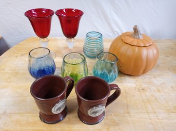 Mugs, Glasses And A Ceramic Pumpkin, 9 Pieces In All