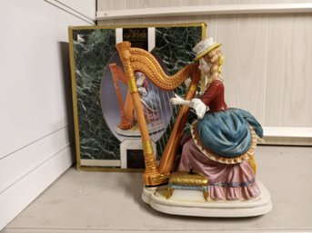 Madame Harp Player Melody In Motion Figurine, Hand-painted Porcelain Bisque Finish