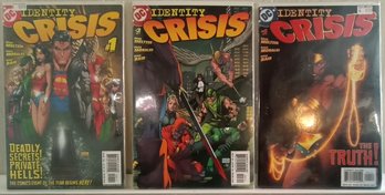 3  DC Comics, Identity Crisis Issues #1, #3 And #4. Comics Are Bagged And Boarded.