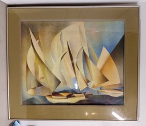 Framed Picture, Cubist Style Sailing Ships, Artist Unknown, 30'x26'