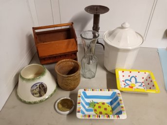 9 Items, Many Ceramic. Includes A Cookie Jar, Vase, Lampshade And Sewing Caddy
