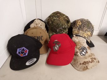 8 Baseball Style Hats, Mostly Relating To The US Marines.