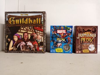 3 Used Board Games: Guildhall, Fluxx Marvel, Fluxx Jumanji