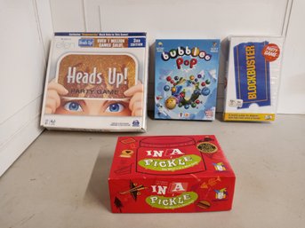 4 Board Games, Heads Up! Game (unopened), Bubblee Pop (unopened), Blockbuster Game (opened), & More