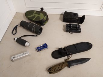 Knife With Sheath, 2 Pair Binoculars, Flashlight, Small Multitool And More