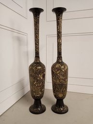 2 Tall Metal Vases, Made In India, Gold And Black Colored, @17' Tall
