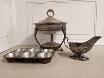 Leonard Silver Chafing Dish, A Gravy Boat And One Muffin Tin