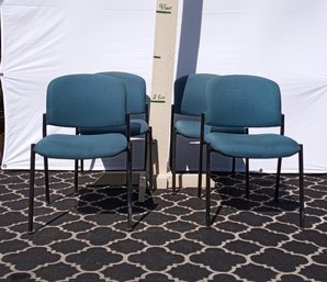 4 Metal Framed, Stacking Chairs With Blue Upholstery