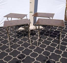 4 Metal Framed, Folding Tables. Faux Wood Pattern On Top
