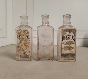 3 Antique, 'Foss' Brand, Vanilla Extract Bottles Local Maine Company