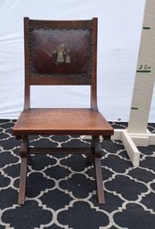 Wooden, Leather-backed Chair With Picture On It/ Dutch Painting