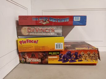 Board Games, Some Used, Some New: Secret Labyrinth (NOS), DaVinci's Challenge, Small Soldiers & Pie Face