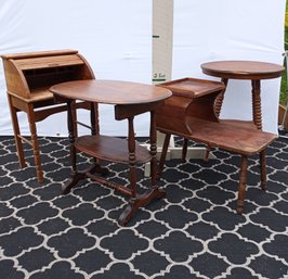 4 Pieces Of  Wood Furniture. Three End Tables And A Small Writing Desk.